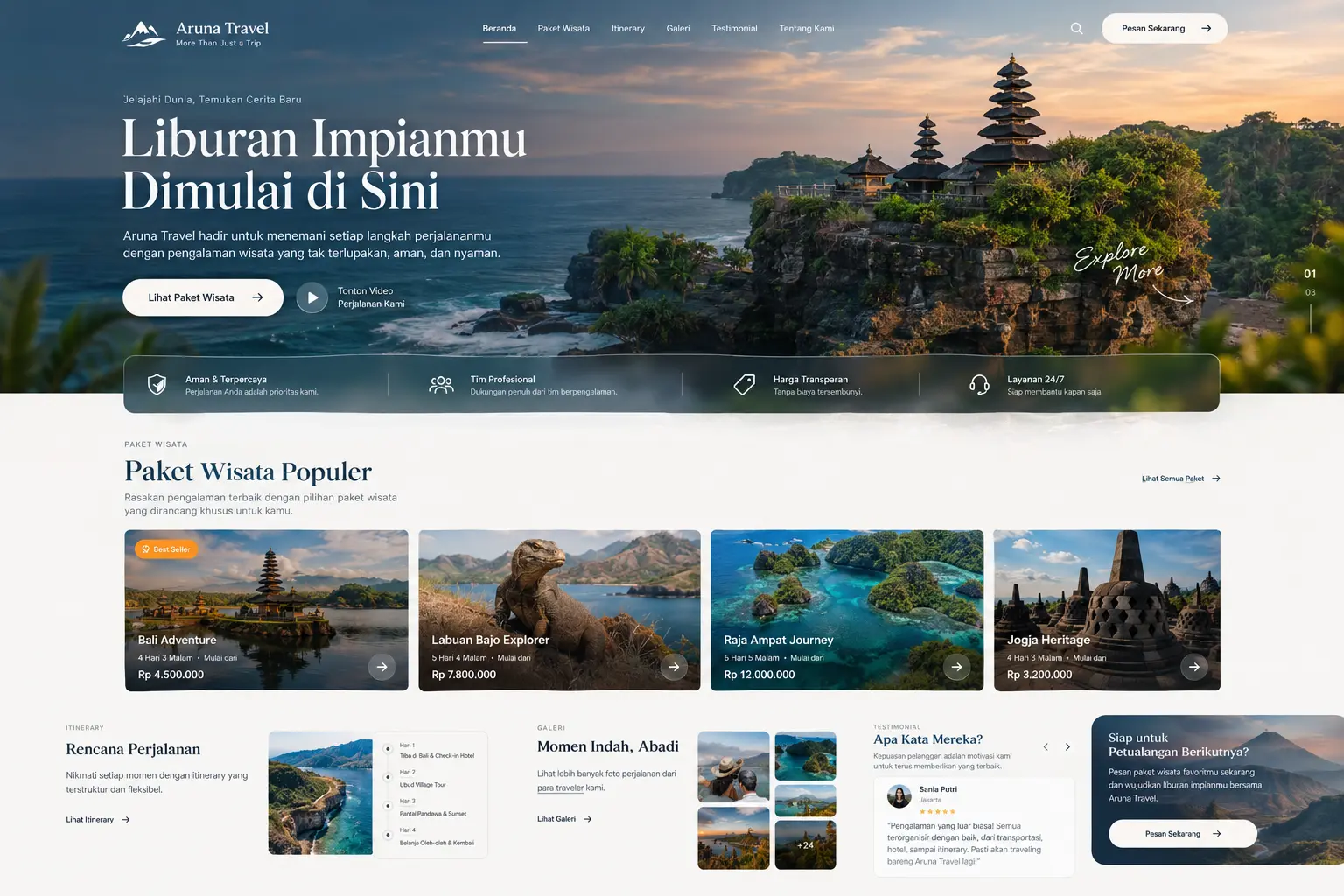 Tampilan website Aruna Travel